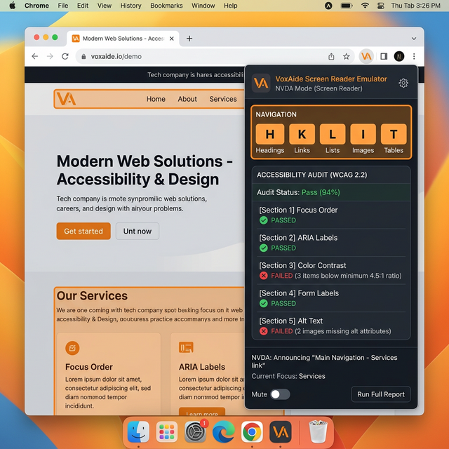 Interfaz de Screenvox PRO mostrando auditoría WCAG 2.2 con resultados de accesibilidad