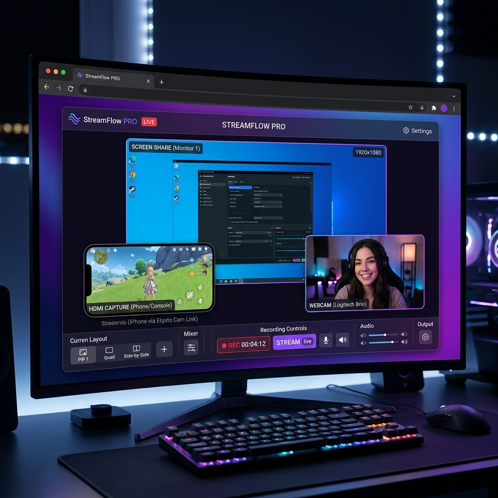 Interfaz de StreamFlow PRO mostrando múltiples fuentes de vídeo mezcladas en el navegador